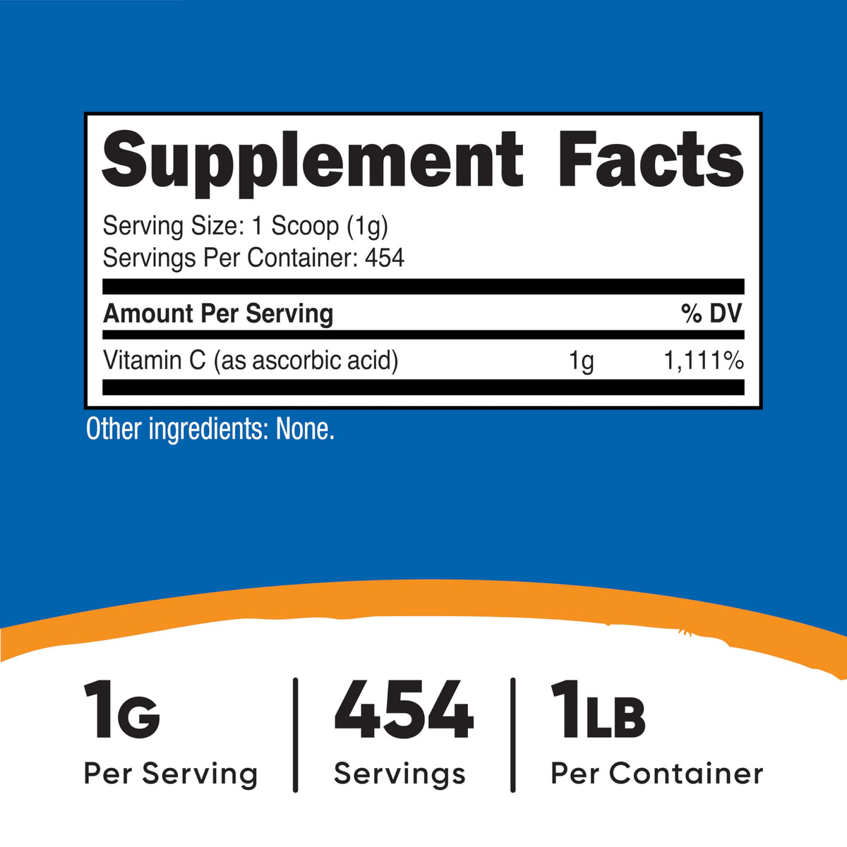 Nutricost unflavored Vitamin C supplement powder nutritional information label