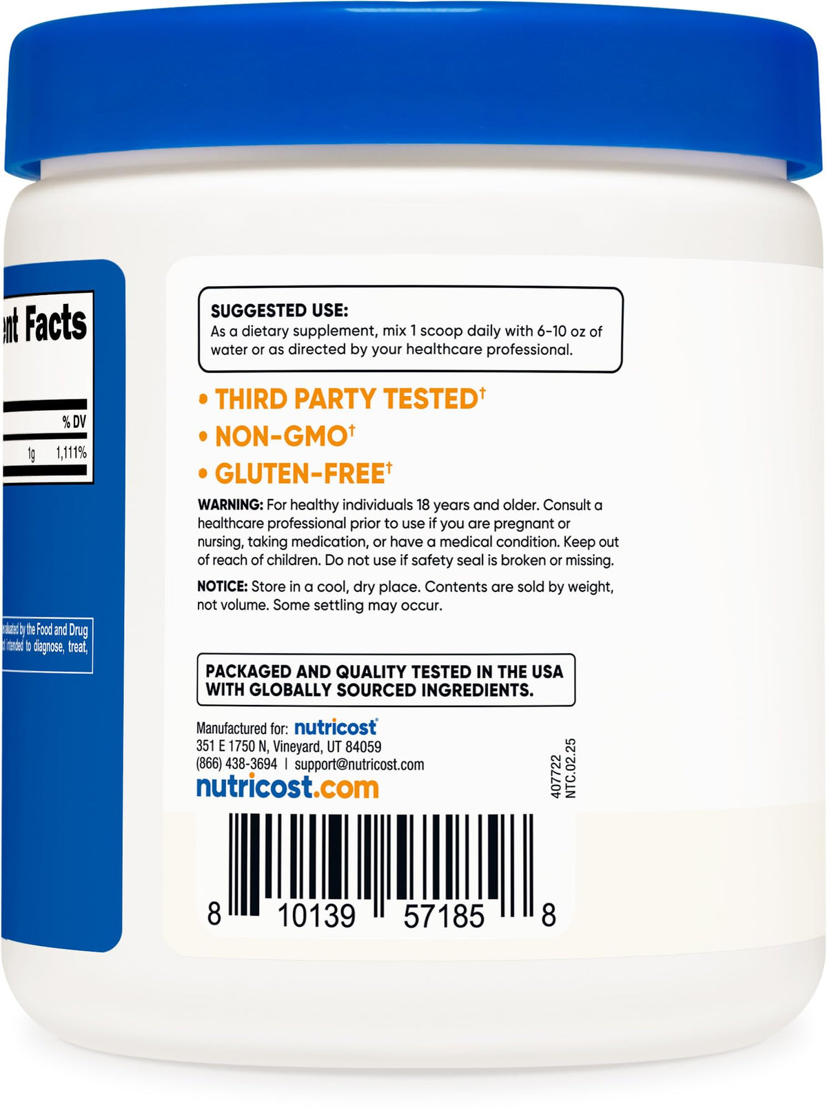 Non-GMO gluten-free vegetarian Vitamin C powder container side view