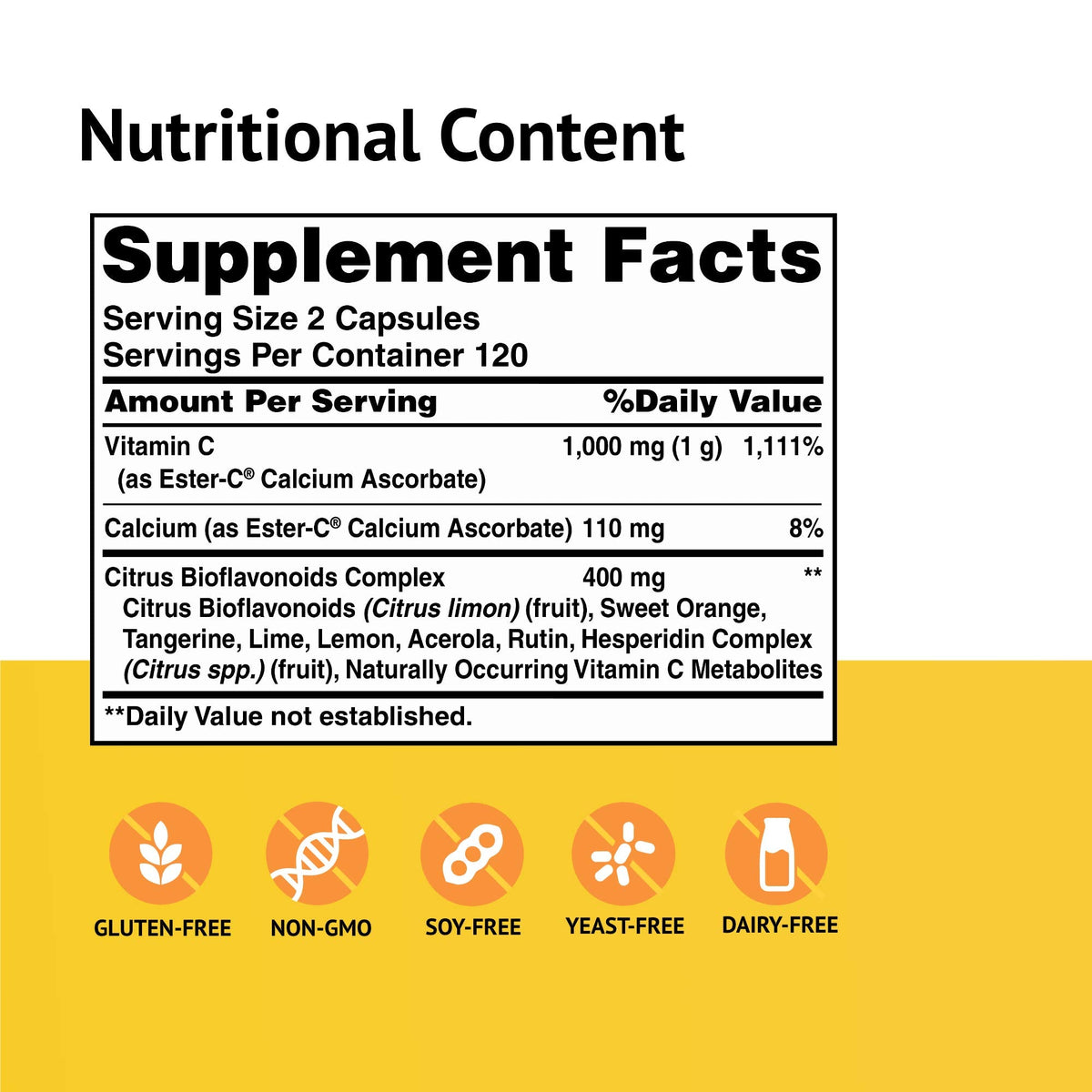 American Health non acidic Ester C capsules ingredient list and supplement facts label