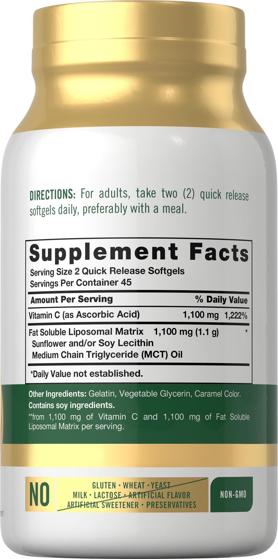 Carlyle Liposomal Vitamin C capsule supplement facts label showing fat soluble matrix ingredients