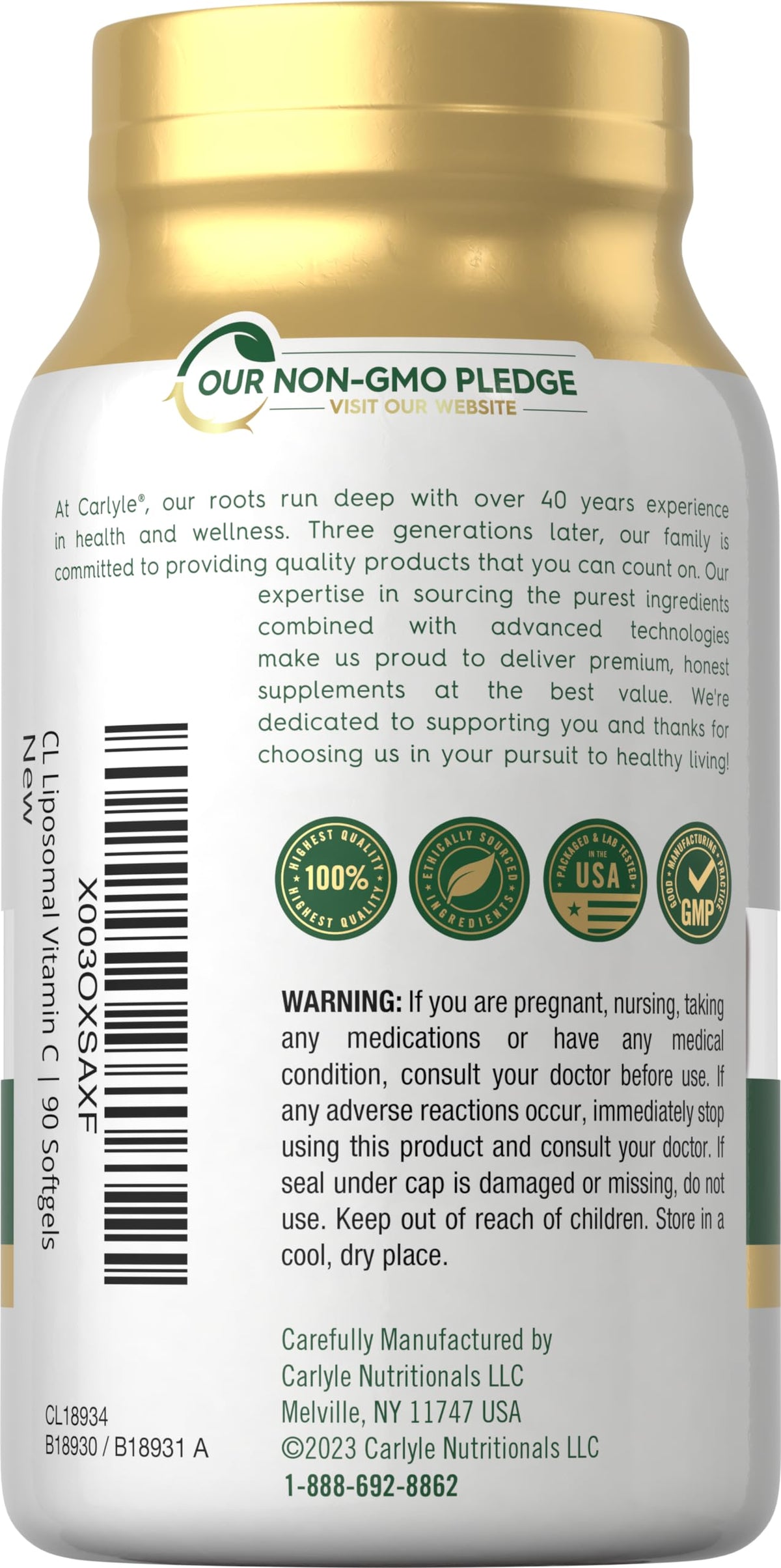 Carlyle high potency liposomal vitamin C 90 quick release softgels packaging overview