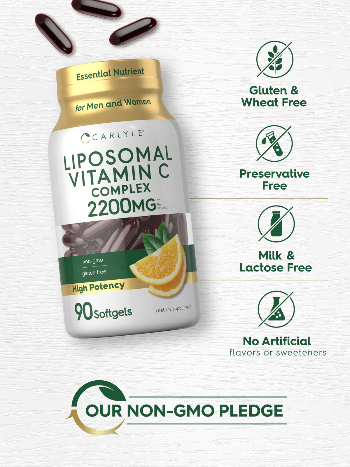 Close up view of Carlyle liposomal vitamin c dietary supplement capsules for absorption