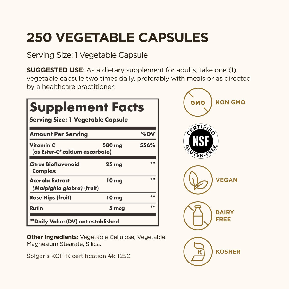 Solgar non acidic Vitamin C supplement label showing premium ingredients