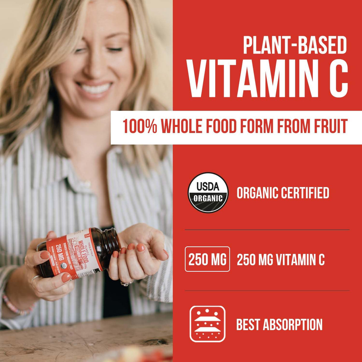 Triquetra Health Plant-C supplement bottle detailing the 250 mg organic fruit ingredients.