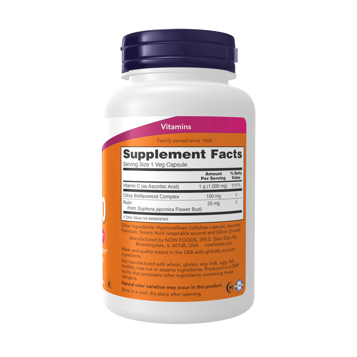 NOW Foods Vitamin C supplement bottle showing nutritional facts and ingredients label