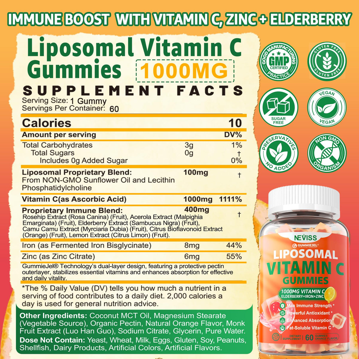 NEVISS high absorption liposomal vitamin C sugar free orange flavor gummies supplement details
