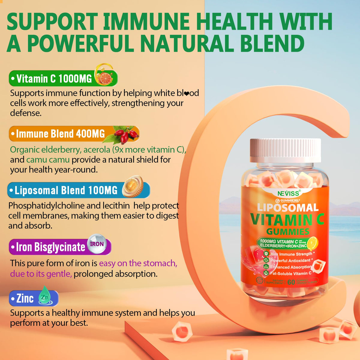 Back label of NEVISS immune booster gummies showing elderberry zinc and iron ingredients