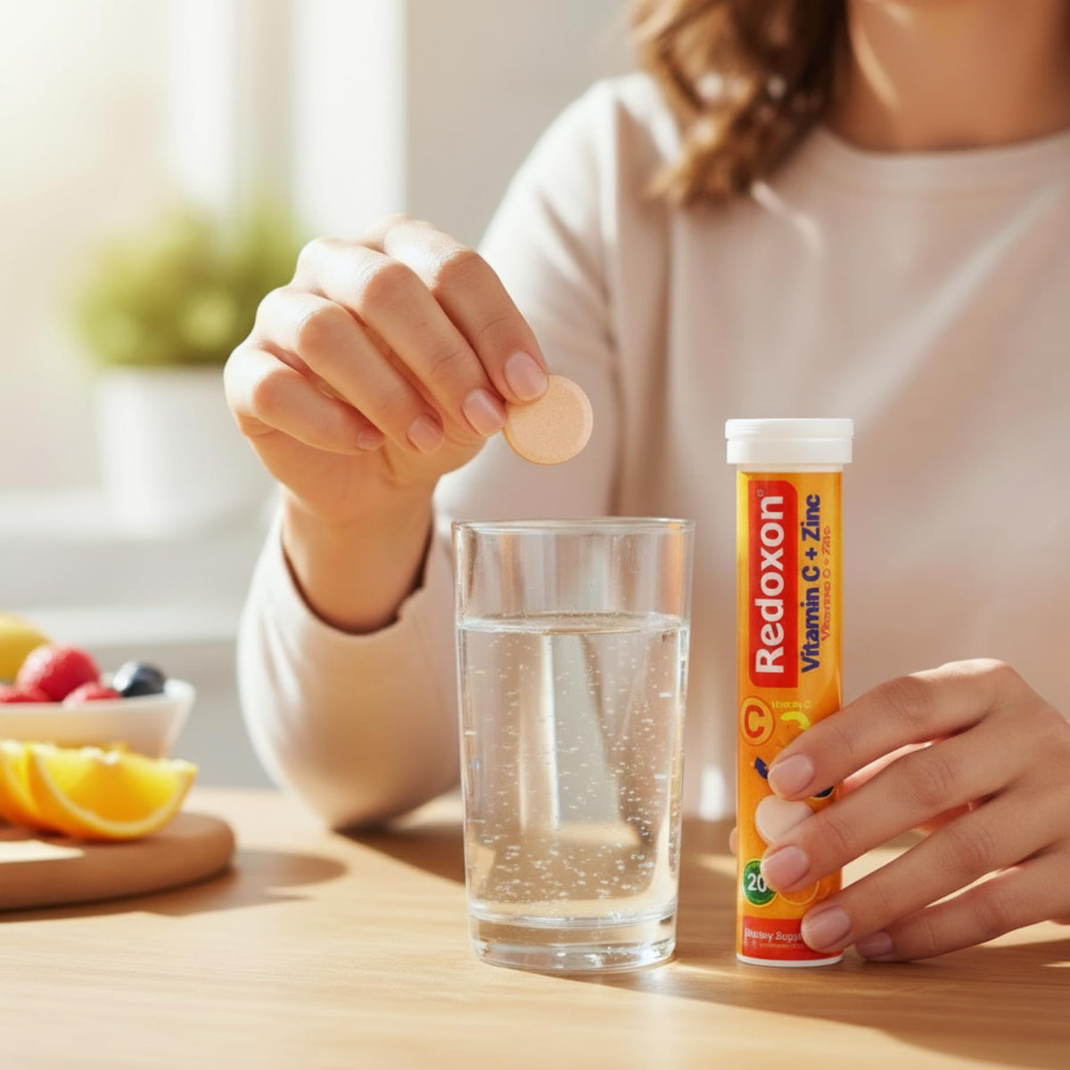 Redoxon Vitamin C and Zinc antioxidant supplement tube showing premium packaging details