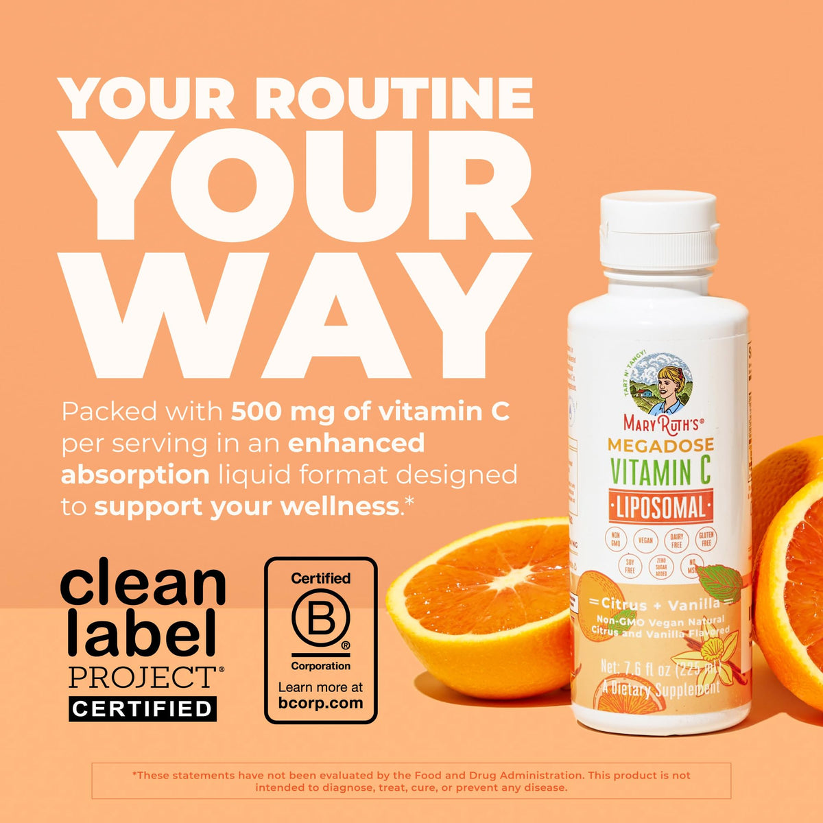 MaryRuth Organics Megadose Vitamin C supplement back label showing supplement facts