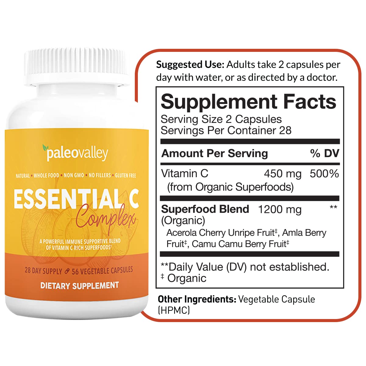 Paleovalley Vitamin C complex supplement side panel displaying nutritional facts and premium superfood blend.