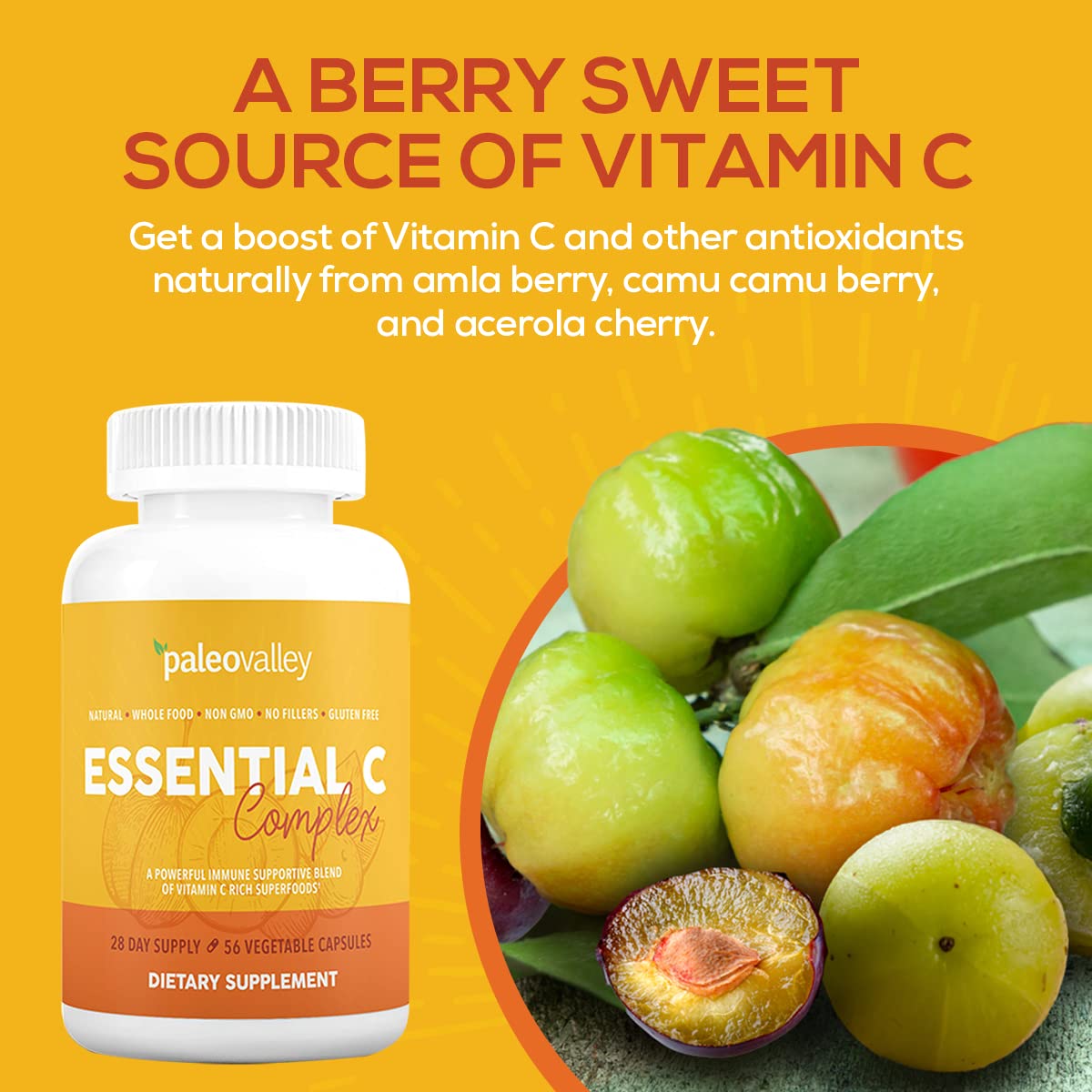 Paleovalley non-GMO gluten-free vegetable capsules showing capsule size and whole-food powder color clarity.