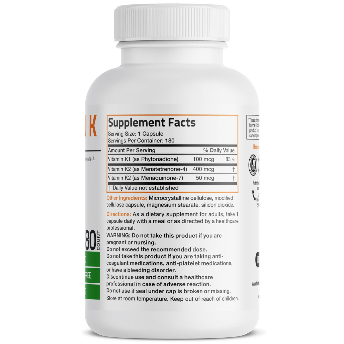 Bronson full spectrum Vitamin K complex bottle displaying non GMO and gluten free labels