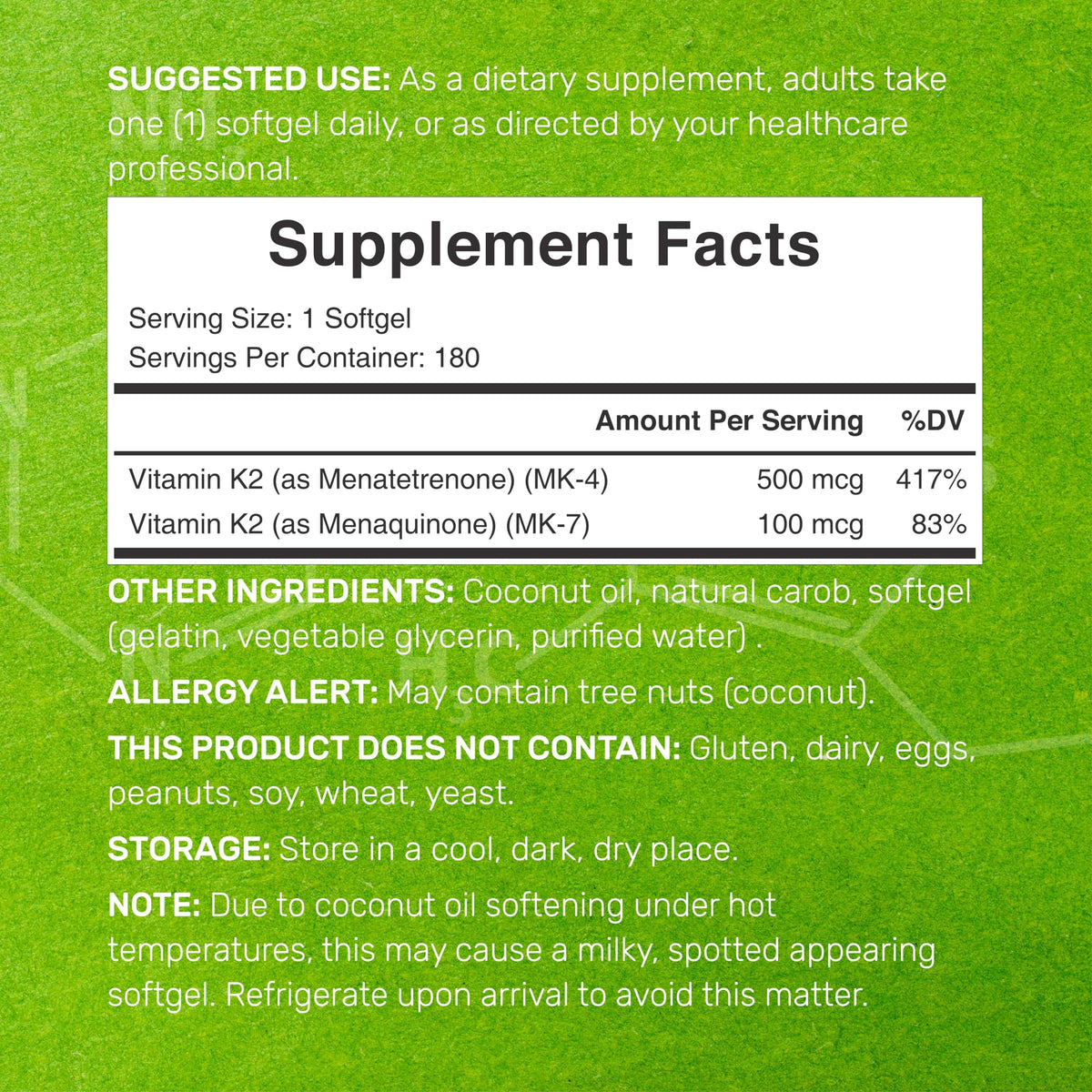 Deal Supplement Vitamin K2 full spectrum MK4 and MK7 softgels supplement facts label