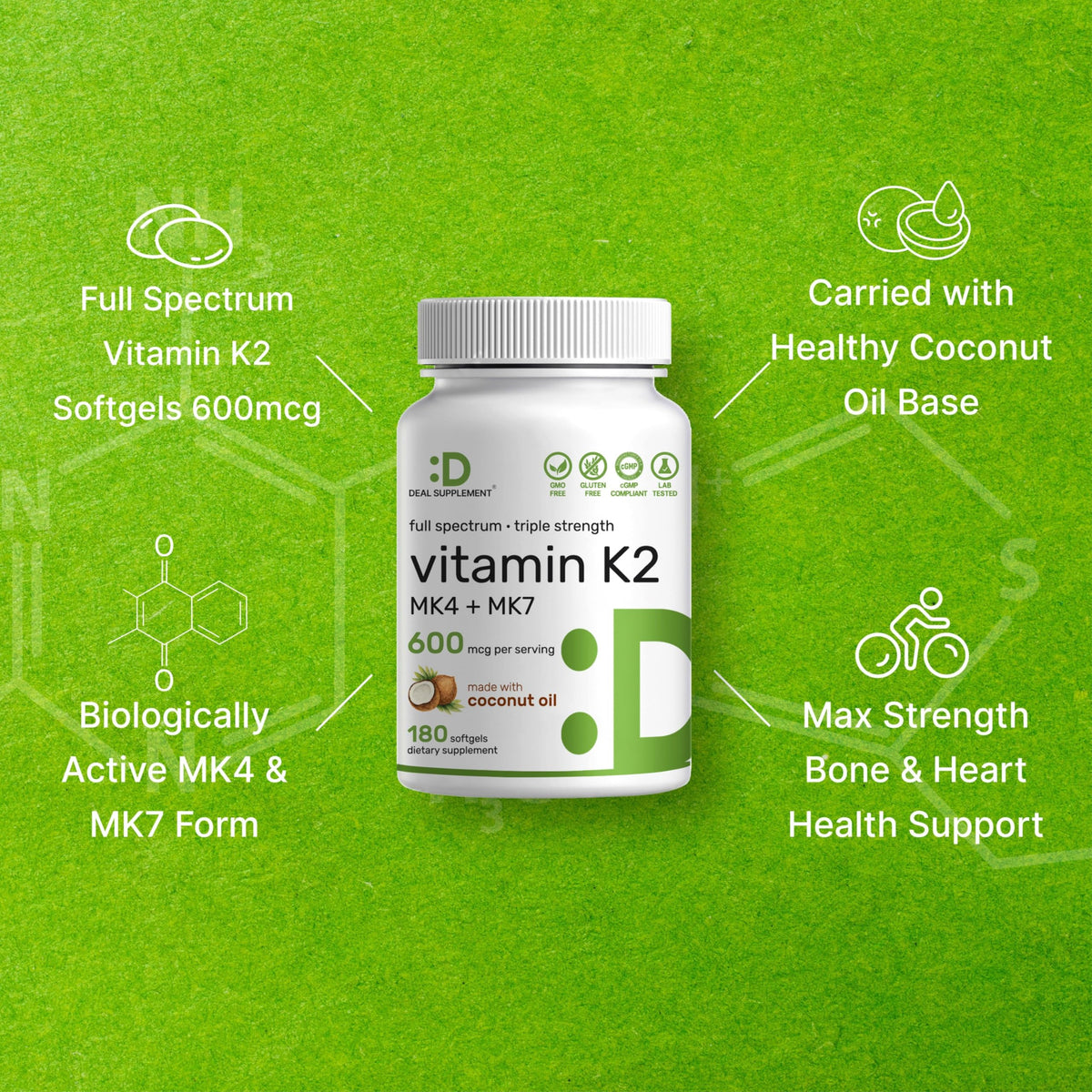 Deal Supplement Vitamin K2 high absorption 600 mcg dietary supplement packaging