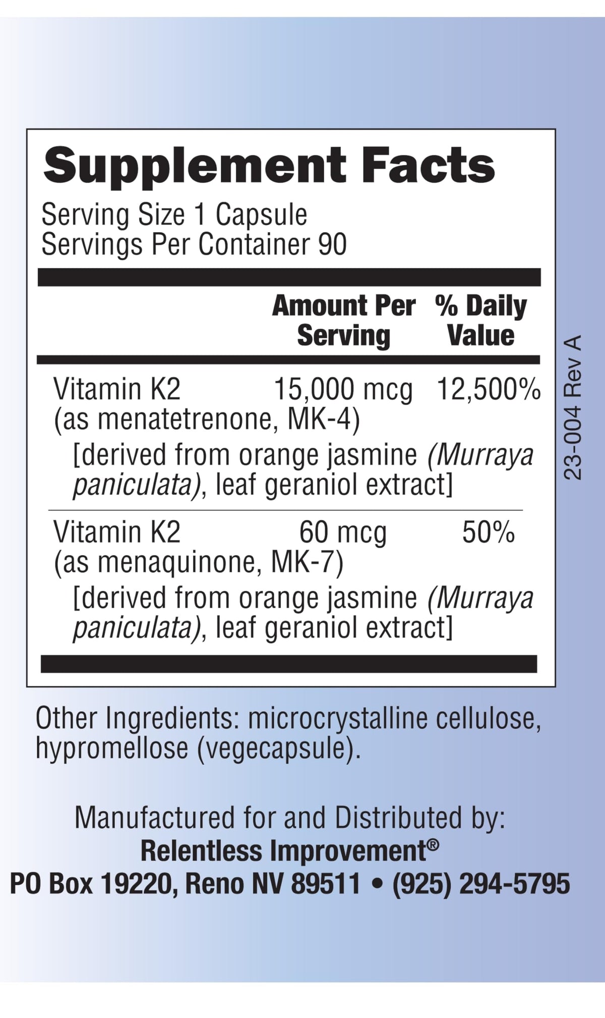 Relentless Improvement natural vitamin K2 soy free vegan capsules label close up