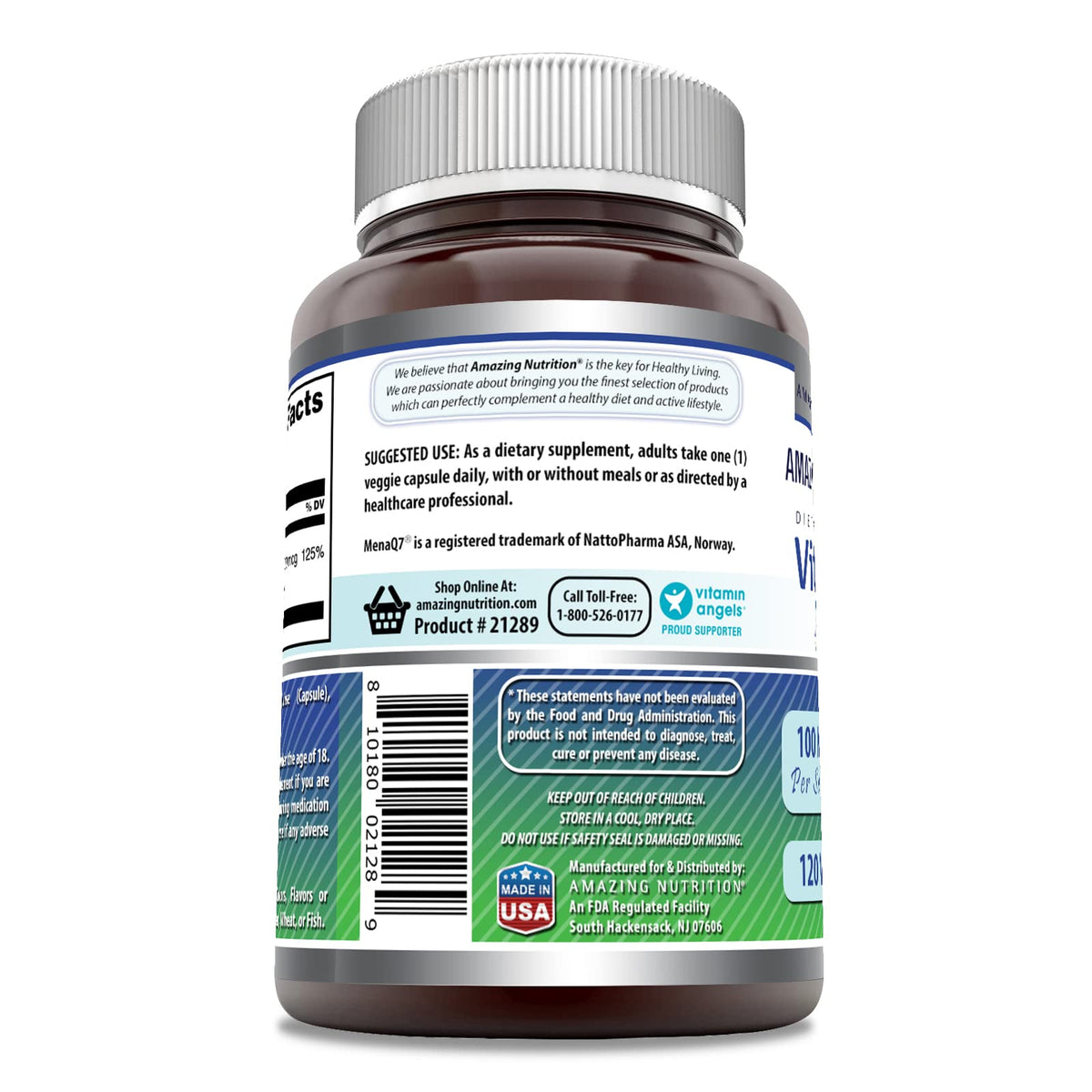 Amazing Nutrition Vitamin K2 120 veggie capsules nutritional facts label