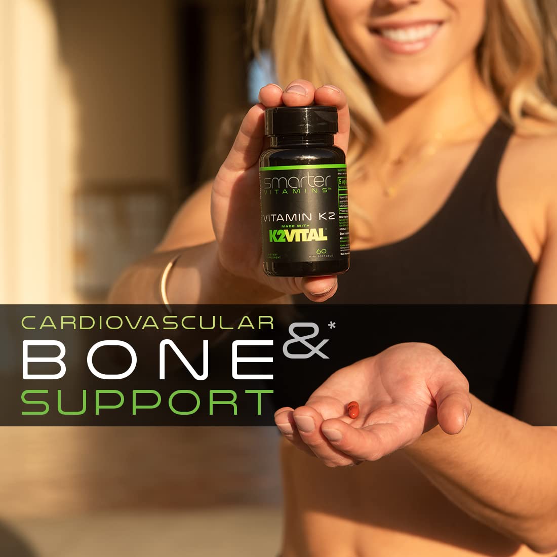 Close-up view of the plant-based non-GMO veggie liquid softgels containing kale powder.