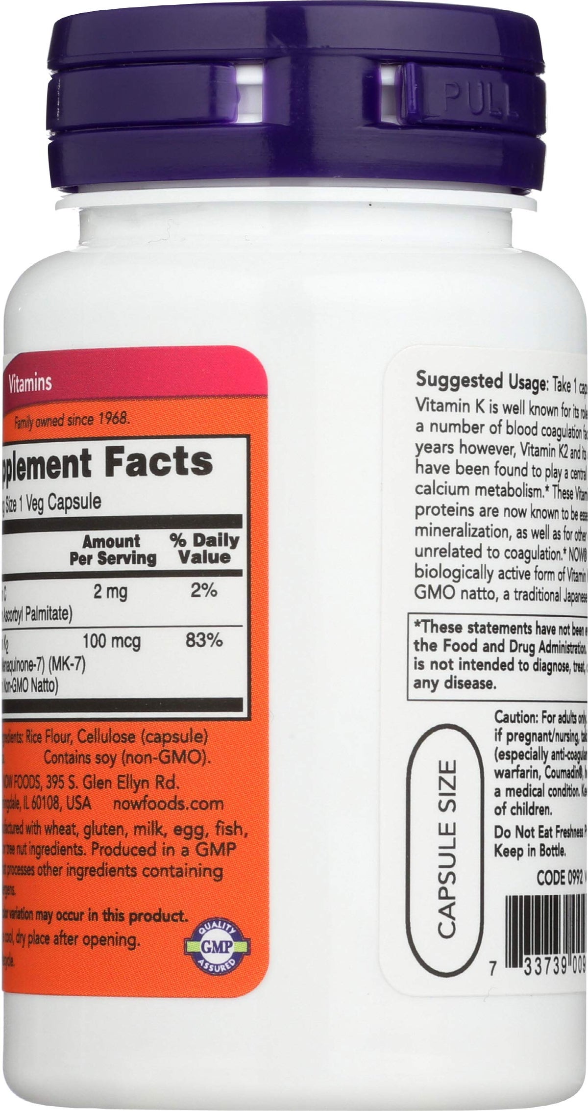 NOW Foods MK-7 Vitamin K-2 supplement facts and clean ingredient list closeup