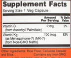 Side panel of NOW Foods Vitamin K-2 bottle detailing soy-free and vegan certifications