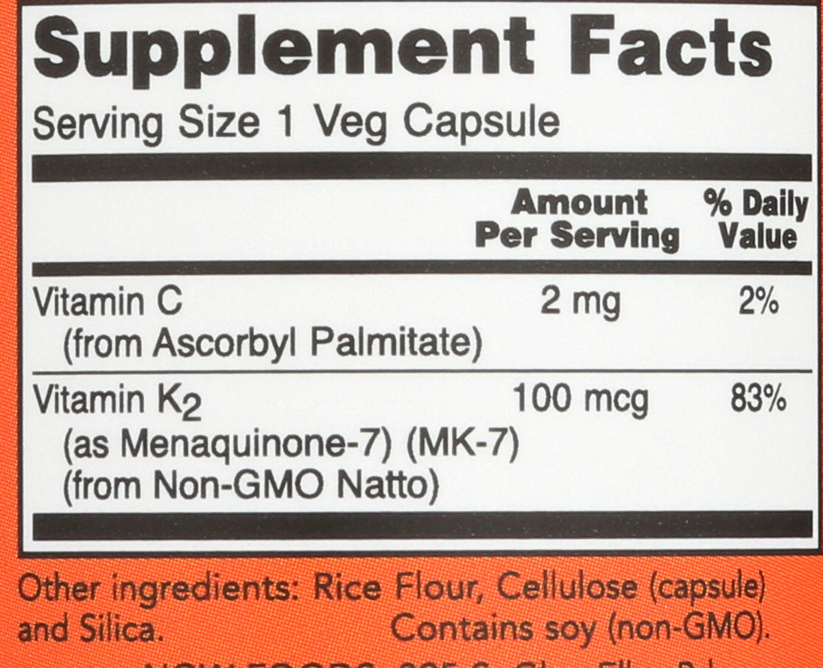 Side panel of NOW Foods Vitamin K-2 bottle detailing soy-free and vegan certifications