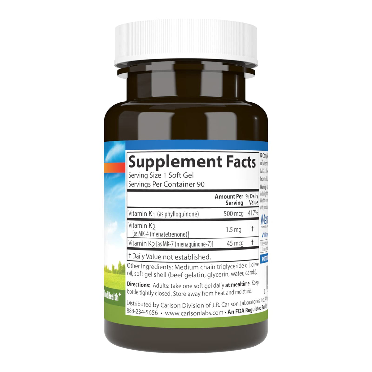 Carlson Lab K Complete Vitamin Complex 90 Softgels supplement facts label with exact nutrient measurements.