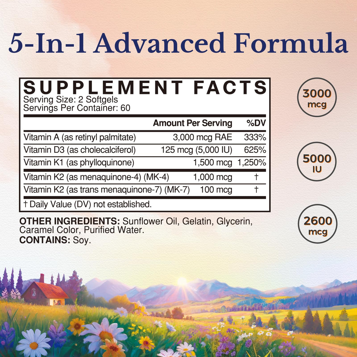 Vitalitown Vitamin ADK high potency formula showing 5 in 1 ingredients for bone health