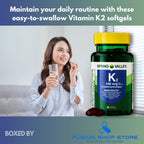 Side view of Fusion Shop Vitamin K2 supplement bottle displaying product facts and adult dosage instructions.