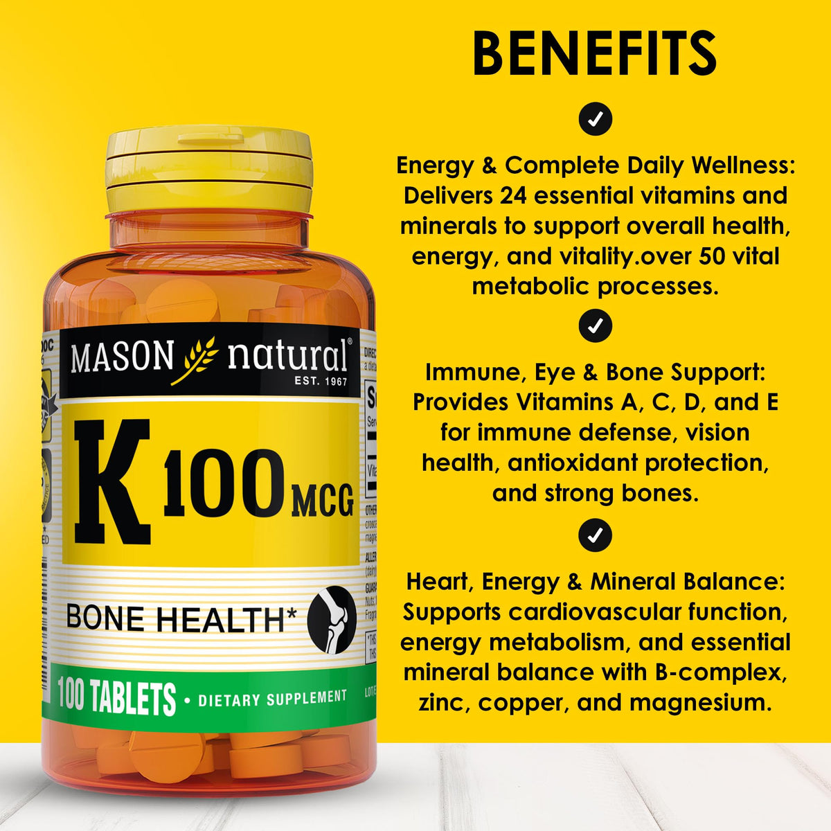 Mason Natural Vitamin K supplement label showing ingredient and dosage facts