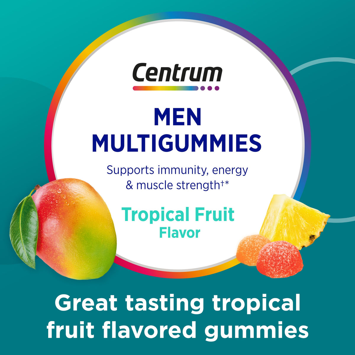 Authentic USA imported Centrum multivitamin gummies packaging with tropical fruit illustration.