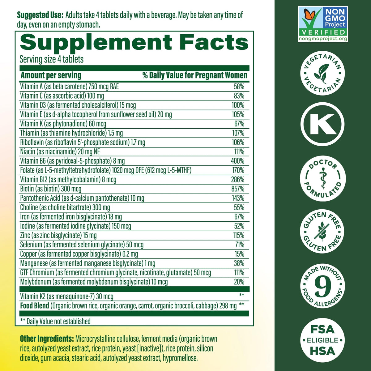MegaFood prenatal supplement bottle side label