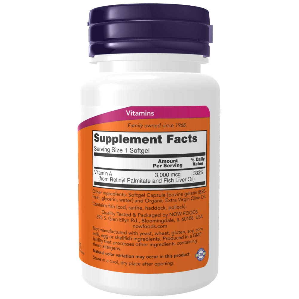 Now Foods Vitamin A 100 softgels label details and ingredient information