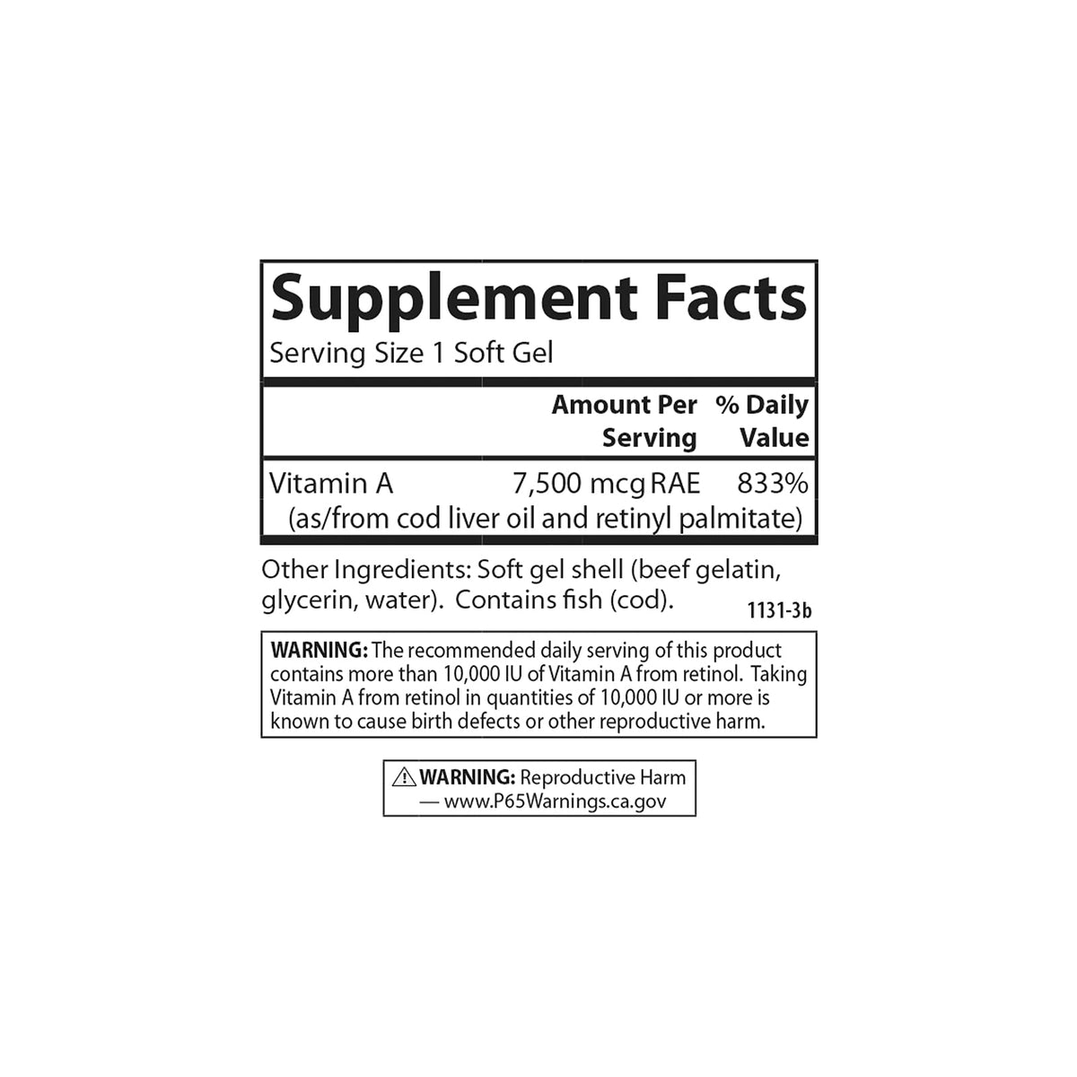 Carlson Vitamin A 25000 IU softgels nutritional information label