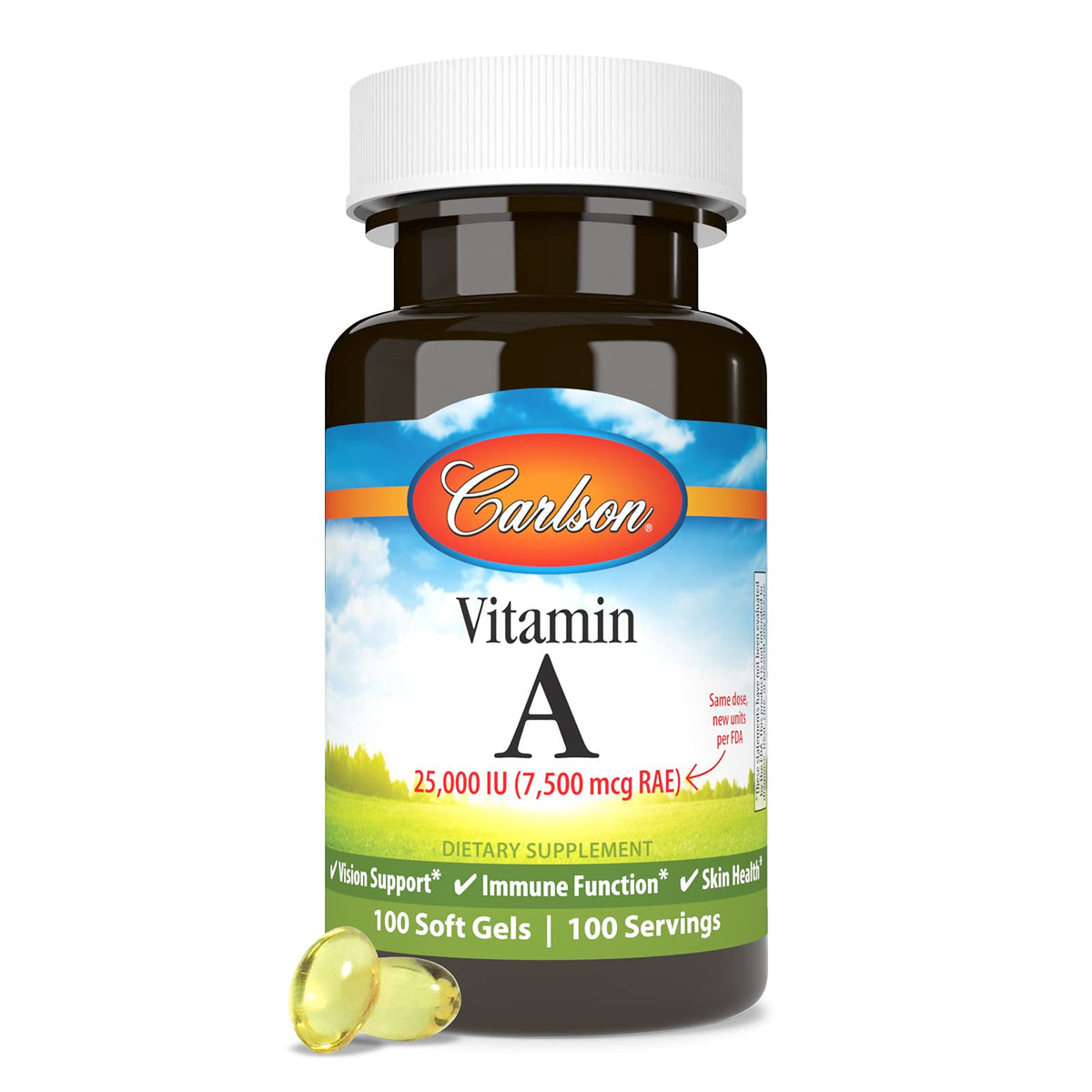 Top view of Carlson Vitamin A imported supplement bottle