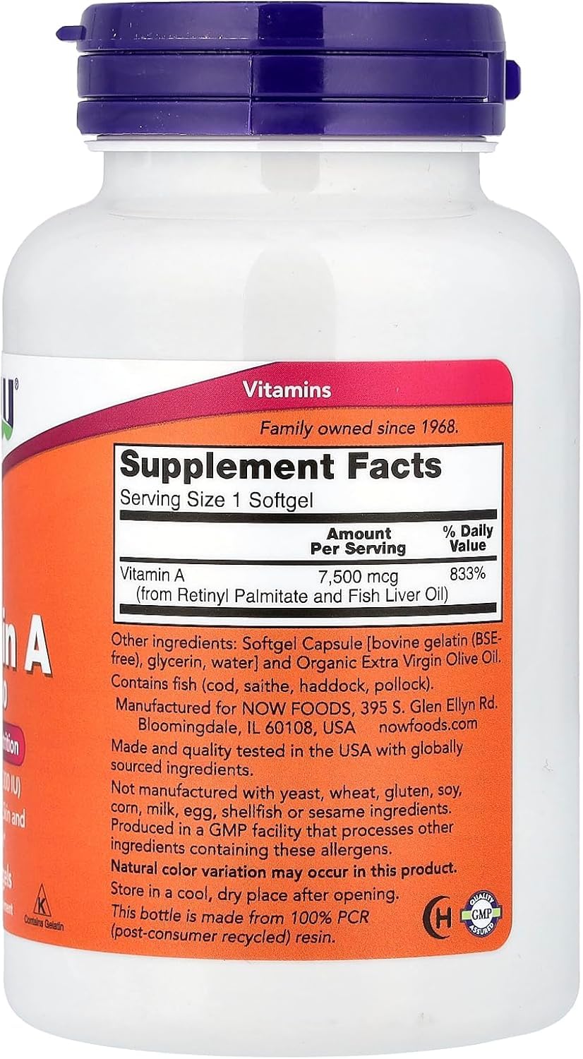 Authentic Now Foods Vitamin A supplement bottle label details