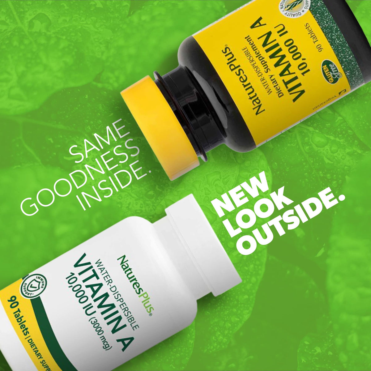 NaturesPlus Vitamin A 90 tablets bottle side view with ingredients