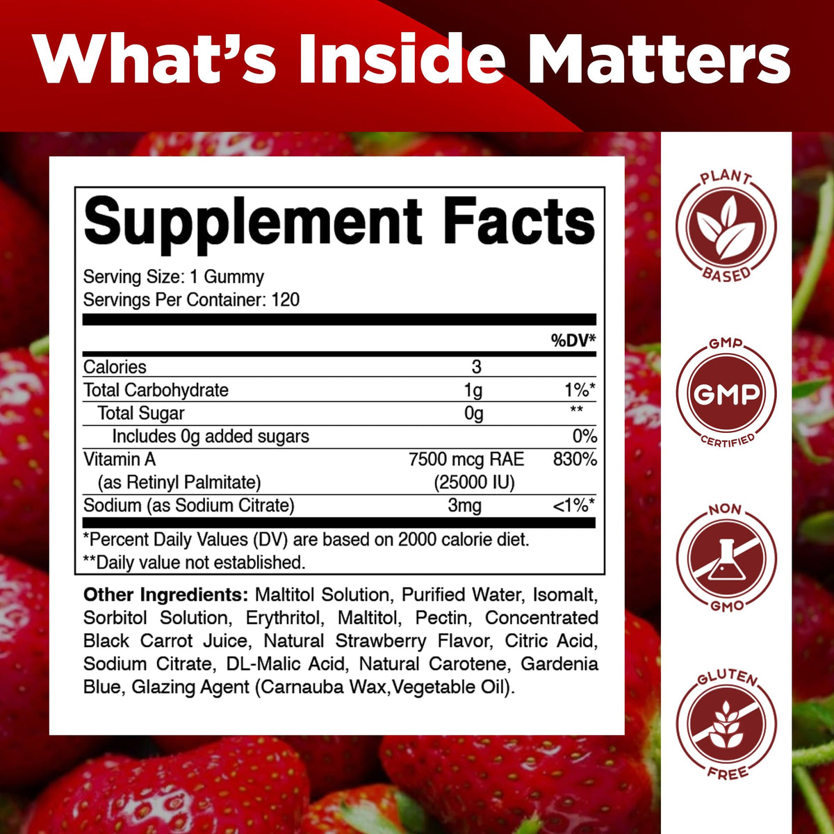 Vitamatic Vitamin A strawberry gummies supplement facts label