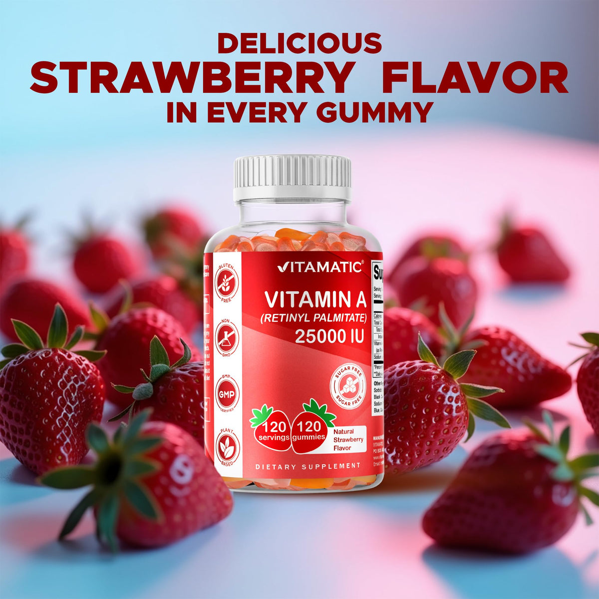 Top view of Vitamatic vitamin A gummy bottle