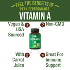 Peak Performance Vitamin A capsules showing organic carrot juice ingredient label