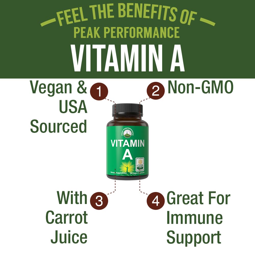 Peak Performance Vitamin A capsules showing organic carrot juice ingredient label