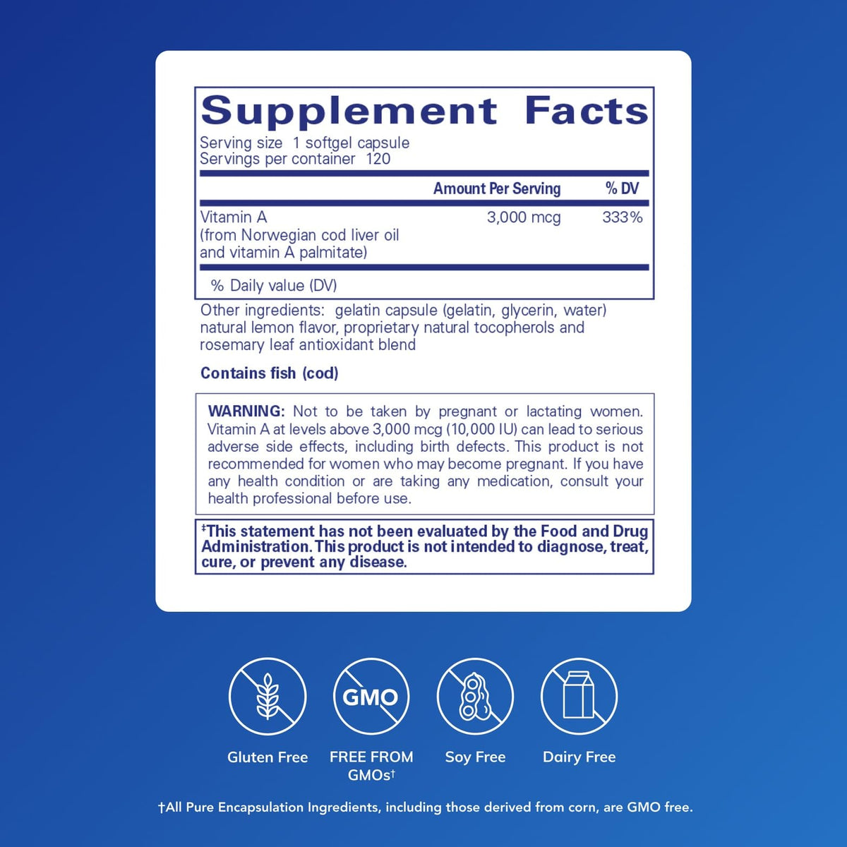 Pure Encapsulations Vitamin A label showing 120 softgels
