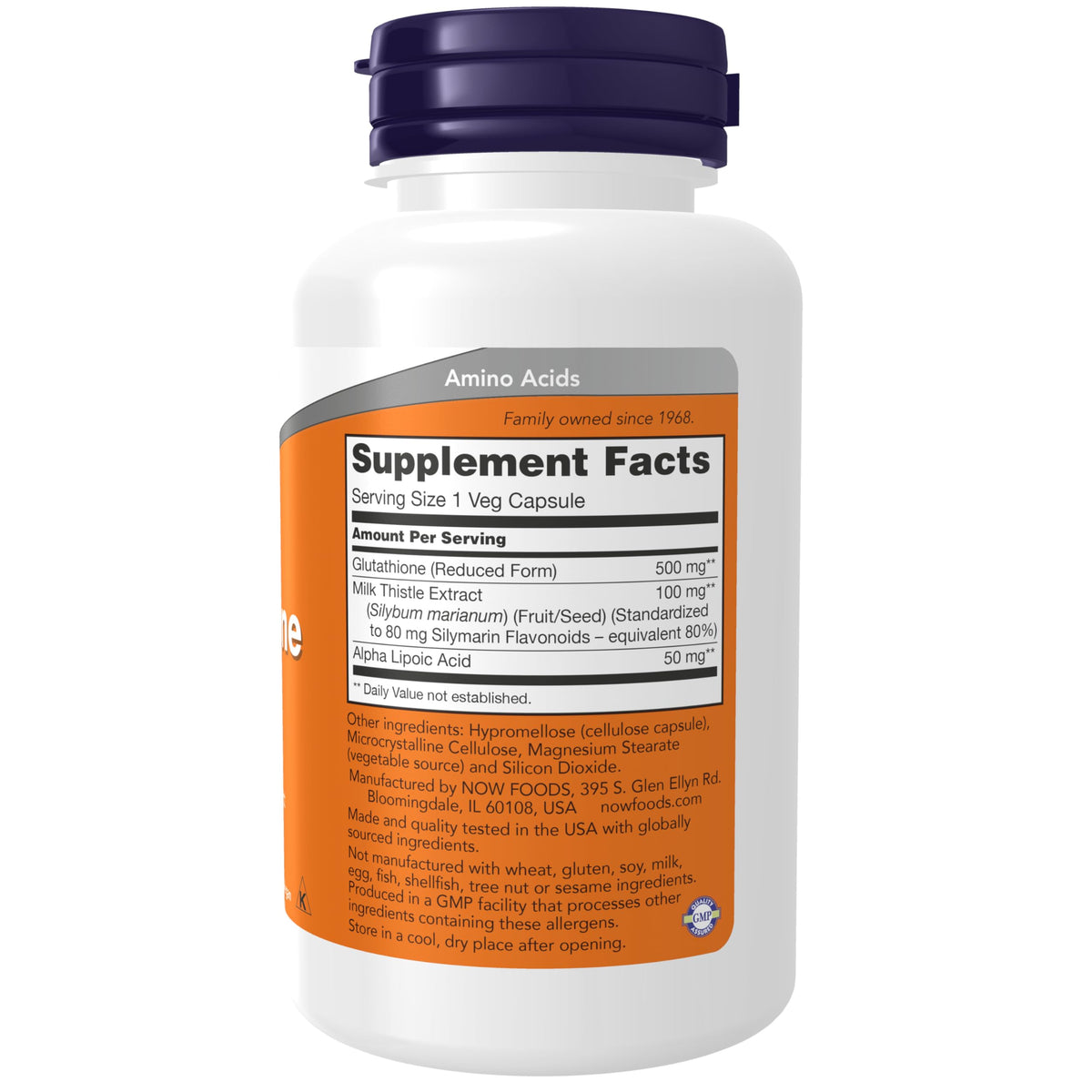 NOW Foods Glutathione antioxidant supplement ingredients and supplement facts label