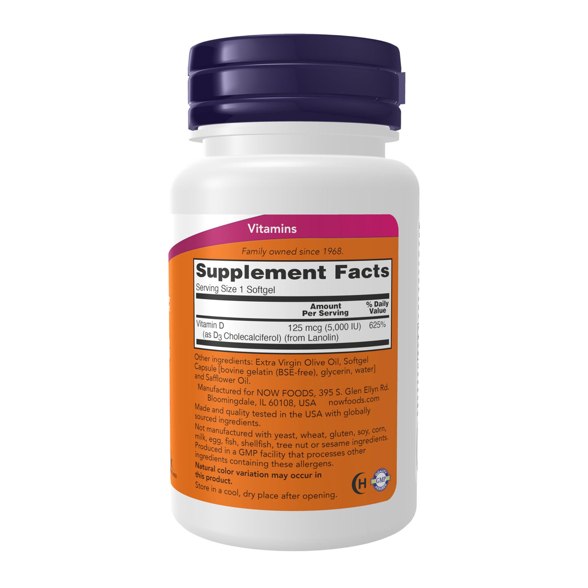 NOW Foods Vitamin D3 240 liquid softgels dietary supplement facts side pane