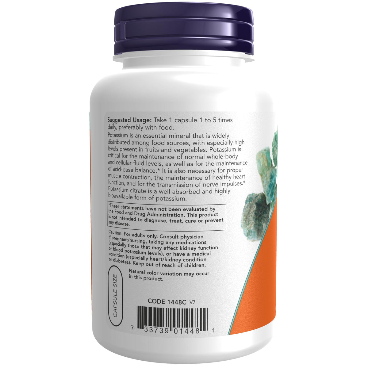 Side view of Now Foods Potassium Citrate supplement bottle