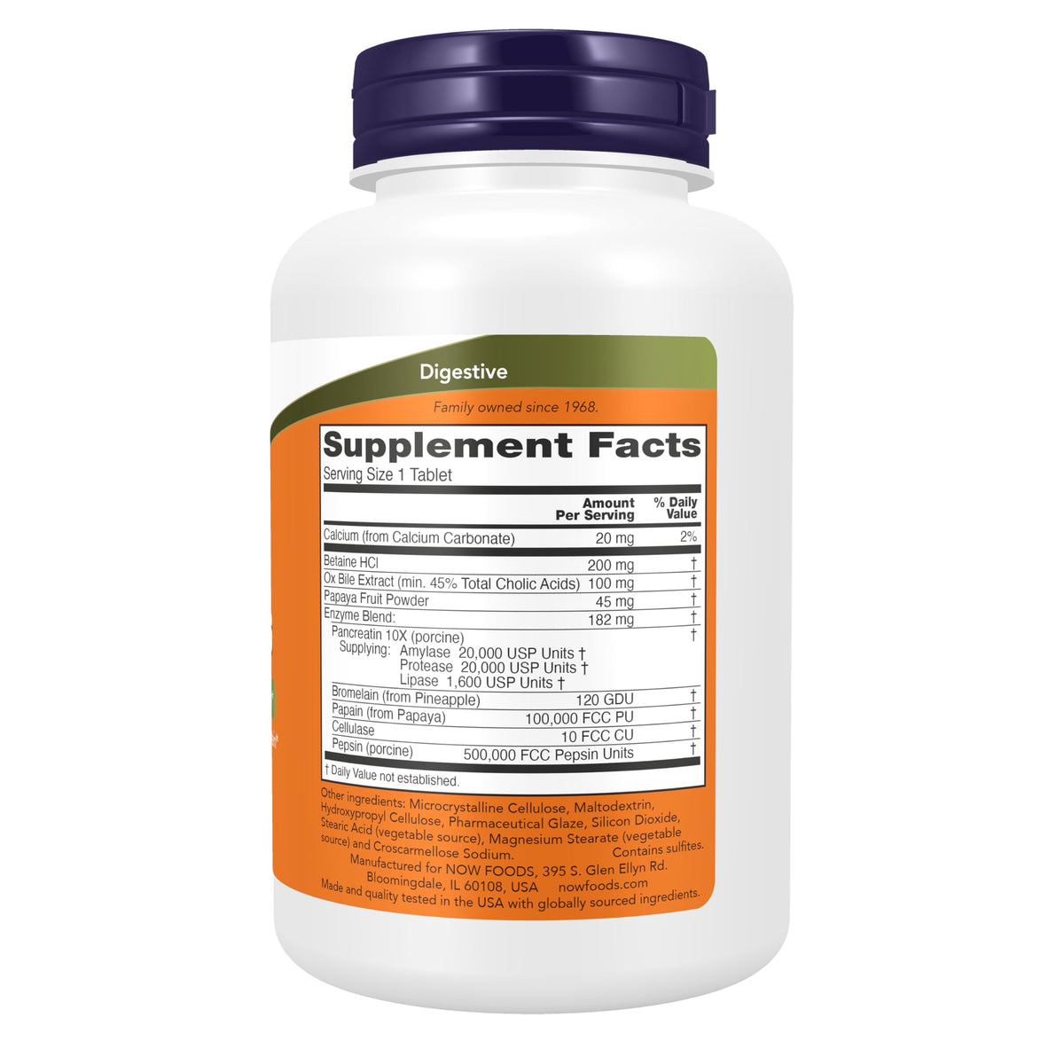 NOW Foods Super Enzymes supplement facts label showing ox bile and pancreatin ingredients