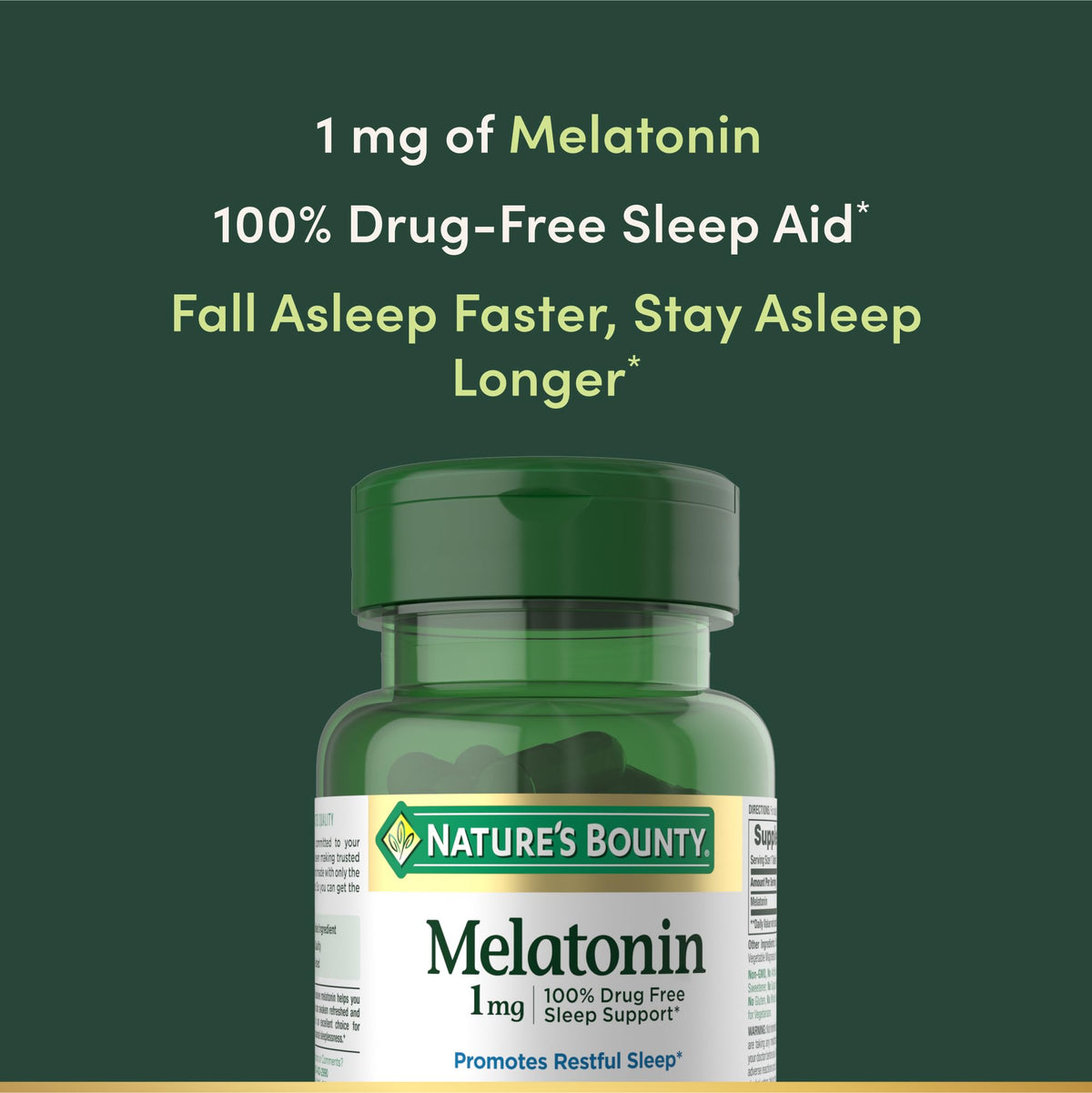 Side view of Nature's Bounty Melatonin 180 tablets packaging highlighting clean vegetarian ingredients