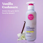 Eos Shea Better Cashmere Skin Collection Moisturizing Shave Oil displaying vanilla scent profile details
