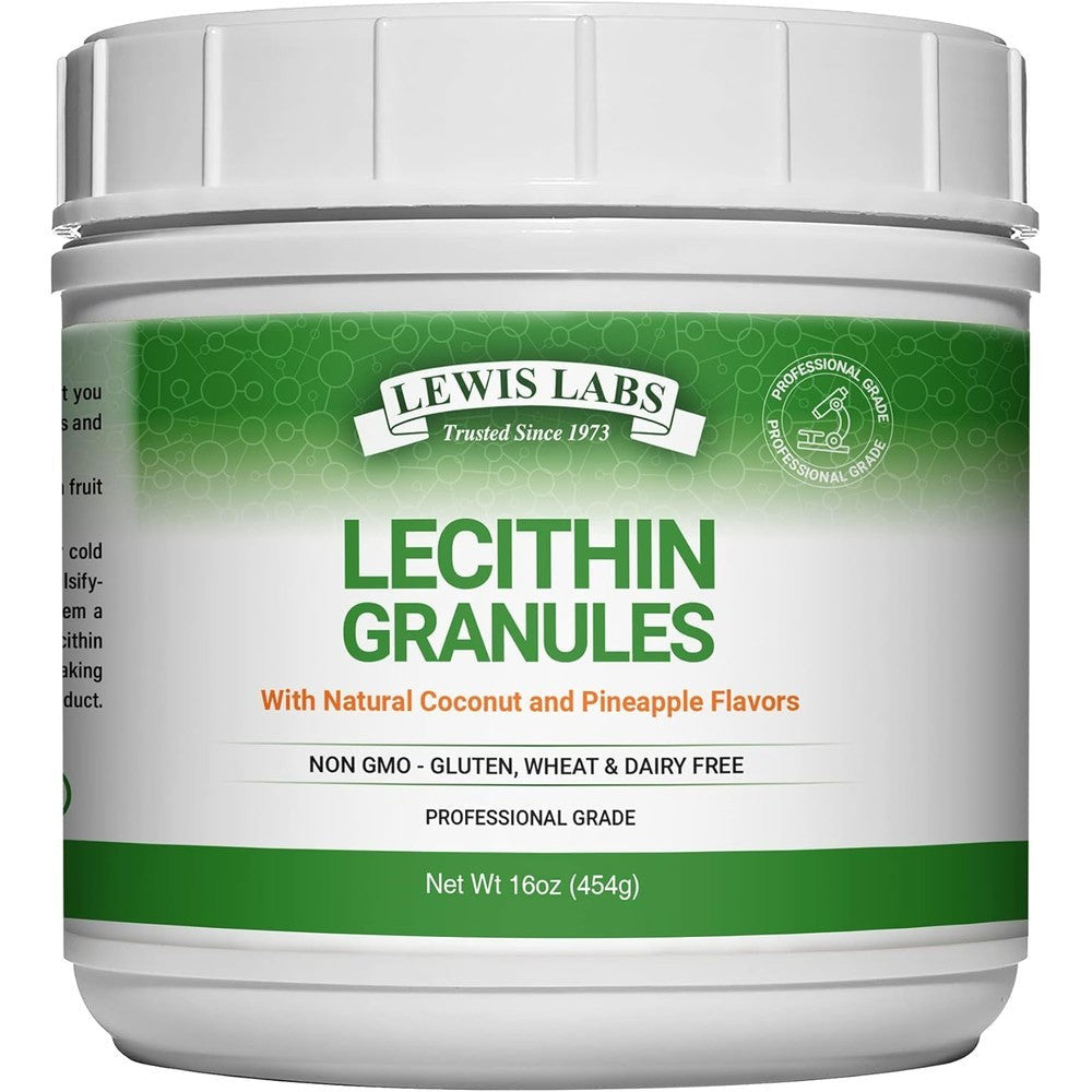 Lewis Labs Lecithin Granules 16 Ounce front view bottle showing natural soy phosphatidyl choline details.