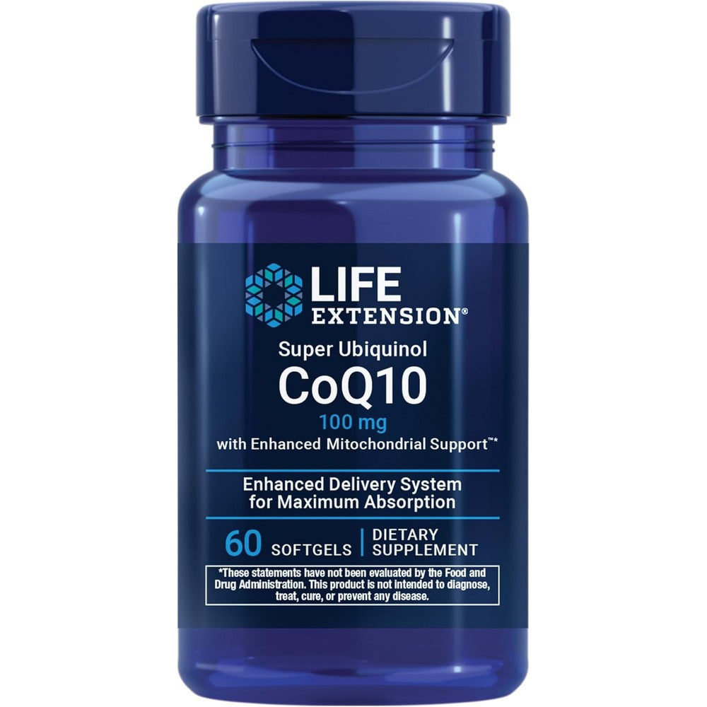 Life Extension Super Ubiquinol CoQ10 front view bottle showing 100 milligrams cellular energy supplement
