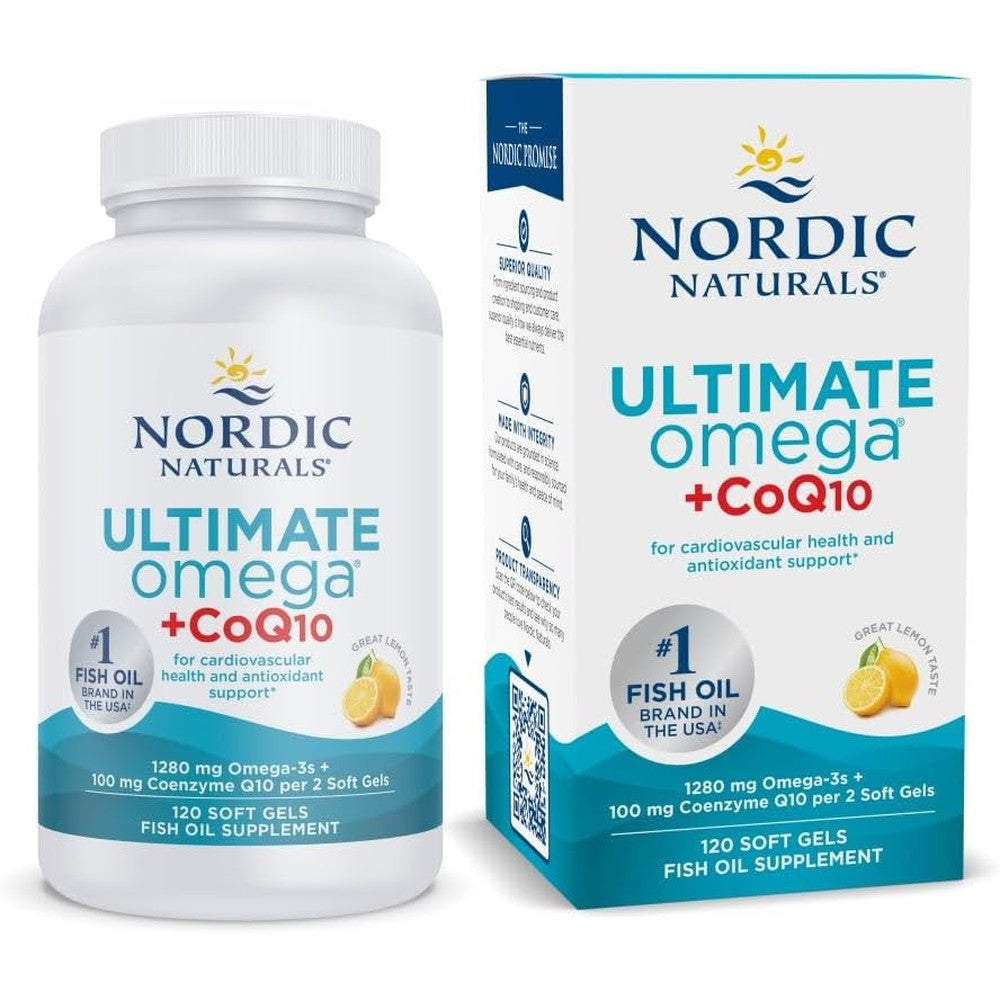 Nordic Naturals Ultimate Omega plus CoQ10 120 soft gels front view showing authentic imported packaging
