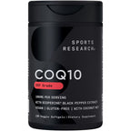 Sports Research CoQ10 100mg front view bottle containing 120 vegan softgels for high absorption dietary support.